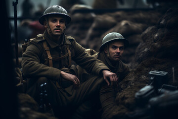 Fototapeta premium photo of two soldiers in the trenches, two soldiers making a photo in a war trench