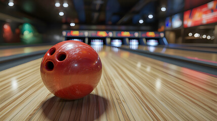 Red bowling ball on polished wooden lane, with blurred bowling pins and vibrant lights in background, capturing the essence of classic bowling alley