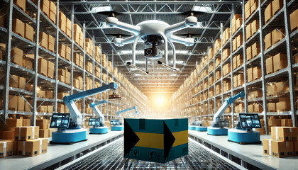 An advanced warehouse filled with drones and robots managing inventory, centered on an Bahamas flag-marked package, symbolizing innovation in automated warehousing