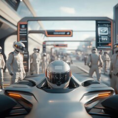 Fototapeta premium Autonomous race car, digital pit stop, holographic displays, futuristic race atmosphere