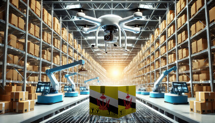 Fototapeta premium An advanced warehouse filled with drones and robots managing inventory, centered on an Brunei flag-marked package, symbolizing innovation in automated warehousing