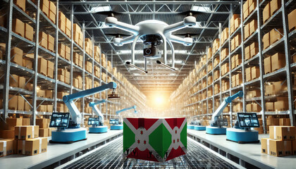 An advanced warehouse filled with drones and robots managing inventory, centered on an Burundi flag-marked package, symbolizing innovation in automated warehousing