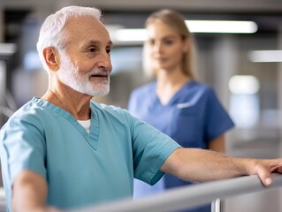 Obraz premium Attentive Physical Therapist Supervising Patient Performing Stretches and Strengthening Exercises in Pristine Hospital Room
