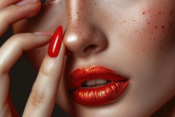 Naklejka premium Close up beauty portrait of beautiful model with bright make up and manicure.