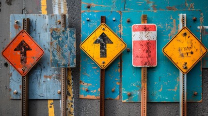 Show a series of construction signs indicating road work, lane