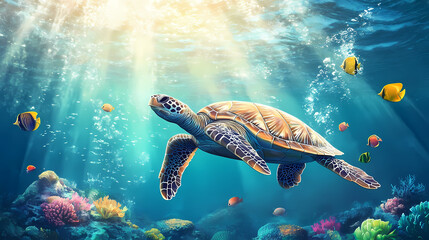 Obraz premium Majestic sea turtle swimming in turquoise ocean water, vibrant coral reef with tropical fish, cinematic underwater sunlight rays and bubbles
