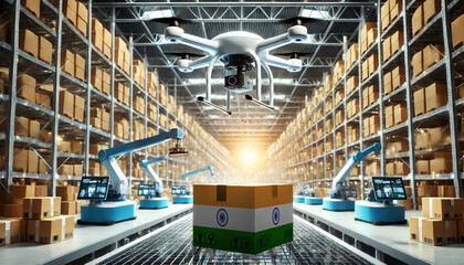 Fototapeta premium An advanced warehouse filled with drones and robots managing inventory, centered on an India flag-marked package, symbolizing innovation in automated warehousing