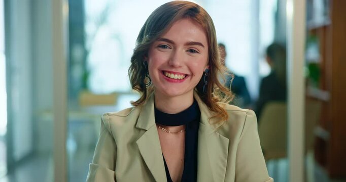 Office, portrait and woman at desk with smile, administration and confidence for business plan at finance agency. Happy consultant, businesswoman or receptionist at advisory management consultancy