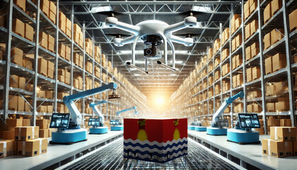 An advanced warehouse filled with drones and robots managing inventory, centered on an Kiribati flag-marked package, symbolizing innovation in automated warehousing