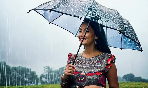 Gambian Woman Embracing Rain with Colorful Umbrella