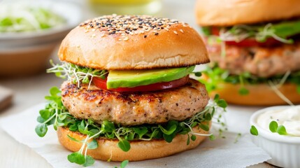 Juicy turkey burger with avocado and sprouts dripping with flavor
