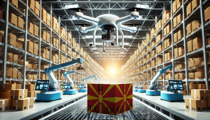 An advanced warehouse filled with drones and robots managing inventory, centered on an Republic of Macedonia flag-marked package, symbolizing innovation in automated warehousing