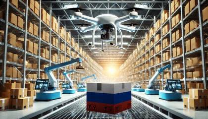 An advanced warehouse filled with drones and robots managing inventory, centered on an Russia flag-marked package, symbolizing innovation in automated warehousing