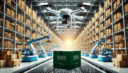 An advanced warehouse filled with drones and robots managing inventory, centered on an Saudi Arabia flag-marked package, symbolizing innovation in automated warehousing
