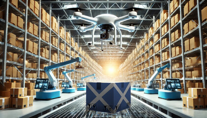 An advanced warehouse filled with drones and robots managing inventory, centered on an Scotland flag-marked package, symbolizing innovation in automated warehousing