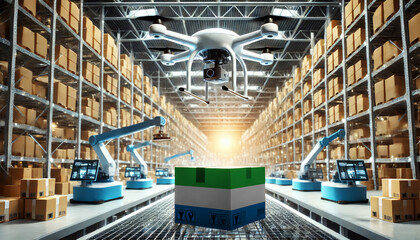 An advanced warehouse filled with drones and robots managing inventory, centered on an Sierra Leone flag-marked package, symbolizing innovation in automated warehousing