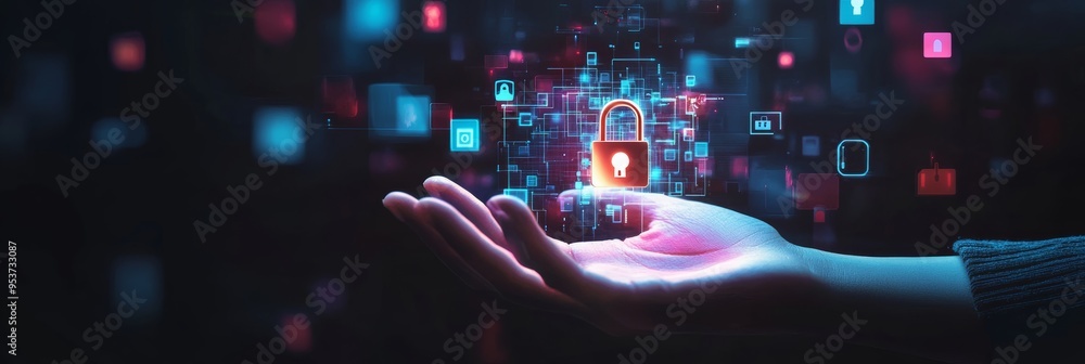 Poster hand holding a glowing red lock hologram surrounded by icons. data protection and secure access conc