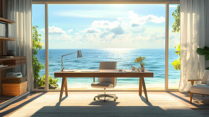 Obraz premium Coastal home office with a view of the ocean. Ocean. Illustration
