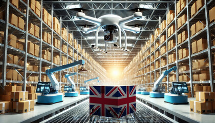An advanced warehouse filled with drones and robots managing inventory, centered on an United Kingdom flag-marked package, symbolizing innovation in automated warehousing