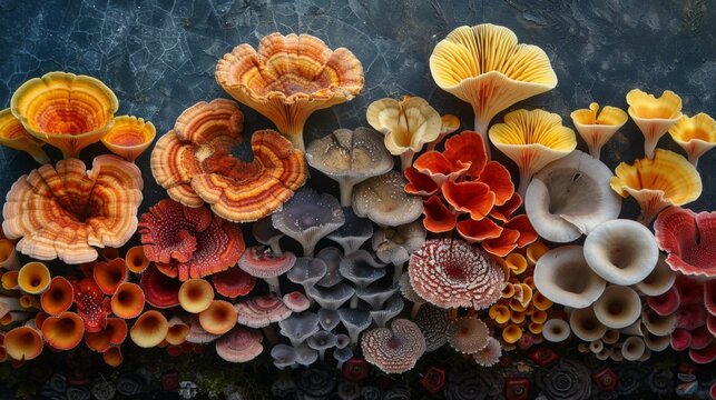 Un mandala di funghi multicolore: Una composizione simmetrica di funghi