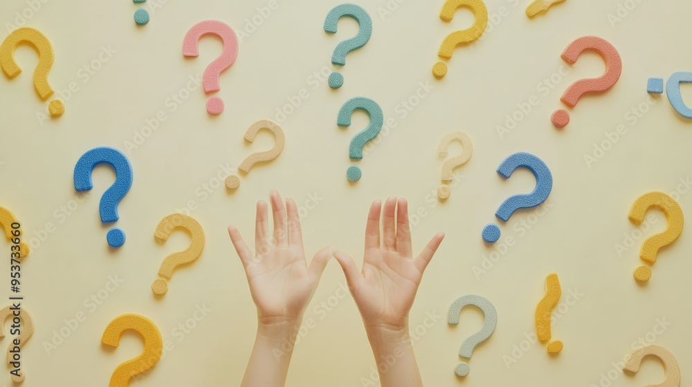 Poster Multiple colorful question marks floating above outstretched hands. Represents diversity and inquiry.