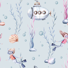 Watercolor seamless pattern with cute cartoon snorkeling, scuba diver kids boy girl submarine, mermaid, corals, seahorse fish and dolphin. nursery design fabric © kris_art