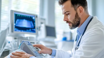 Fototapeta premium Doctor Conducting Ultrasound Examination in Sterile Medical Clinic