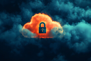 An orange cloud with a padlock icon floating on a dark blue background,