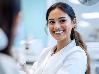Caring Dentist Explaining Dental Check up to Patient in Modern Bright Dental Office