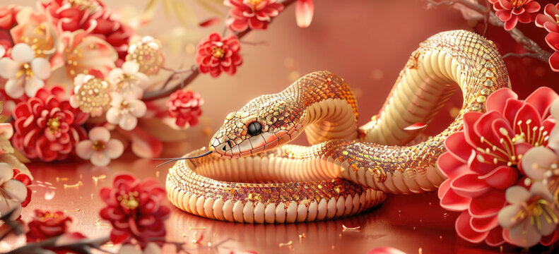 Happy Chinese New Year 2025, snake on the background of a Christmas red background, zodiac sign according to the Chinese horoscope