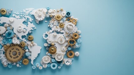 Abstract depiction of global economy symbols interconnected by policy gears