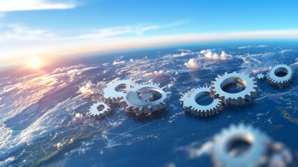 Abstract depiction of global economy symbols interconnected by policy gears