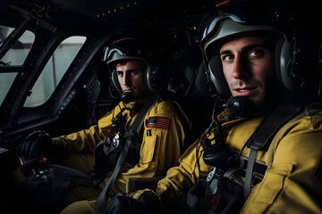 photo of two heli pilots in cockpit, pilot flying a helicopter