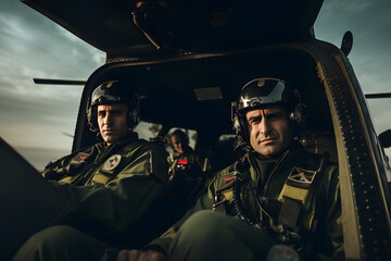 photo of two heli pilots in cockpit, pilot flying a helicopter
