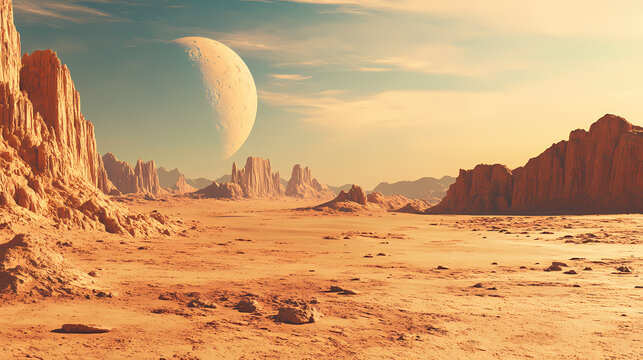 Martian landscape in futuristic sci-fi concept. 3d rendering of alien planet 's desert terrain. Desert. Illustration