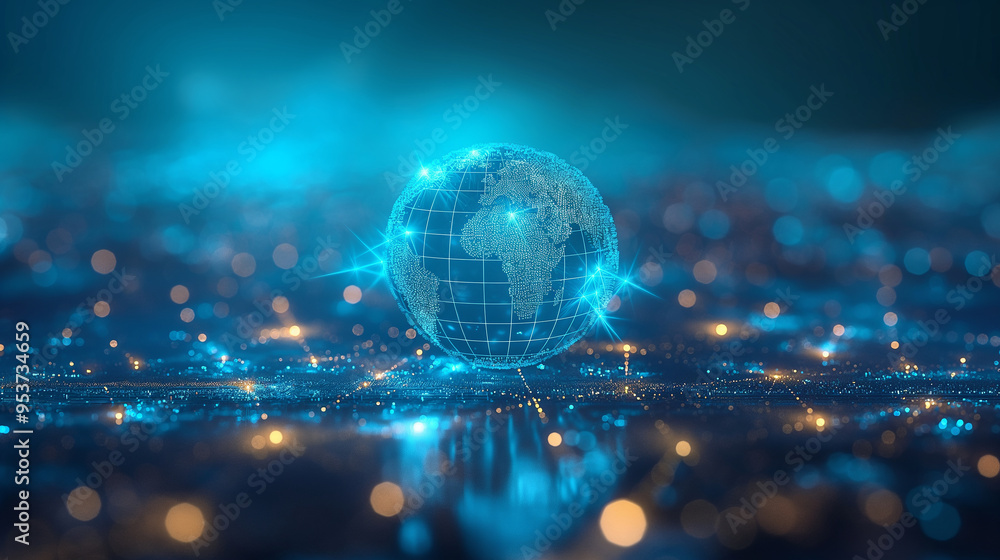 Poster 3d ,world map on blue background, big data visualization and networking concept.