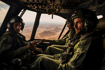 photo of two heli pilots in cockpit, pilot flying a helicopter