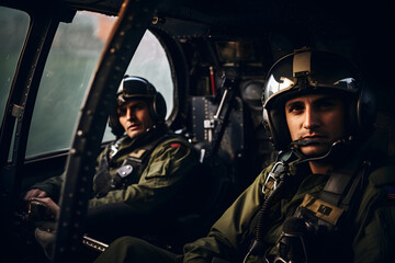 photo of two heli pilots in cockpit, pilot flying a helicopter