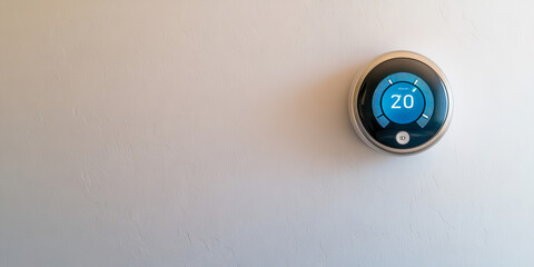 A sleek smart thermostat mounted on a modern wall, showing the temperature setting, highlighting smart home technology and energy efficiency.
