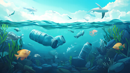 Fototapeta na wymiar Plastic bottle floating in ocean with aquatic animal, fish. ocean pollution, environmental conservation and ecology concept. generative ai. Ocean. Illustration