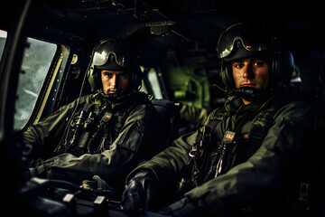 photo of two heli pilots in cockpit, pilot flying a helicopter