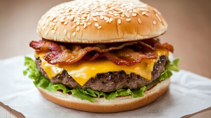 Close-up of a juicy cheeseburger with melted cheese crispy bacon