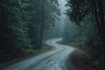 Naklejka premium A winding road through a misty forest, surrounded by lush greenery.