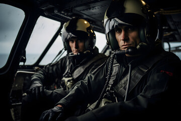 photo of two heli pilots in cockpit, pilot flying a helicopter