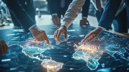 Close-up of government officials discussing economic policy over a digital map