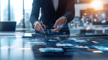 Close-up of policymakers in a digital environment adjusting economic levers that control various markets