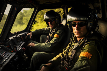photo of two heli pilots in cockpit, pilot flying a helicopter