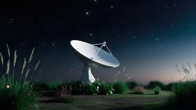 The satellite dish as a communication is under the beautiful night sky decorated with colorful flowers. Seamless 4K looping timelapse video animation background