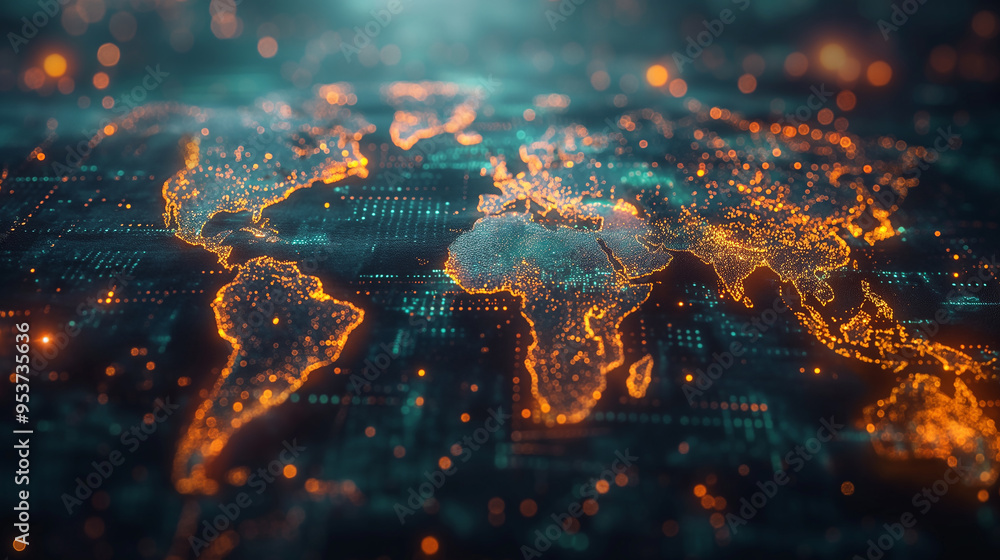 Poster 3d ,world map on blue background, big data visualization and networking concept.