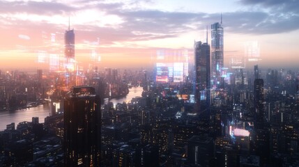 Fototapeta premium Futuristic cityscape with holographic charts displaying economic policy metrics